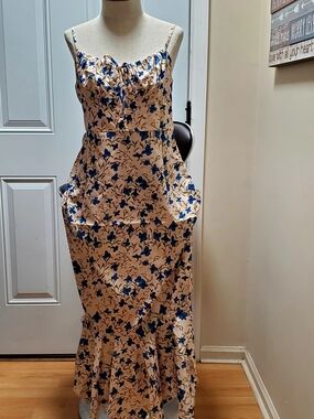 Commense Beige Maxi Dress with Blue Floral Print
